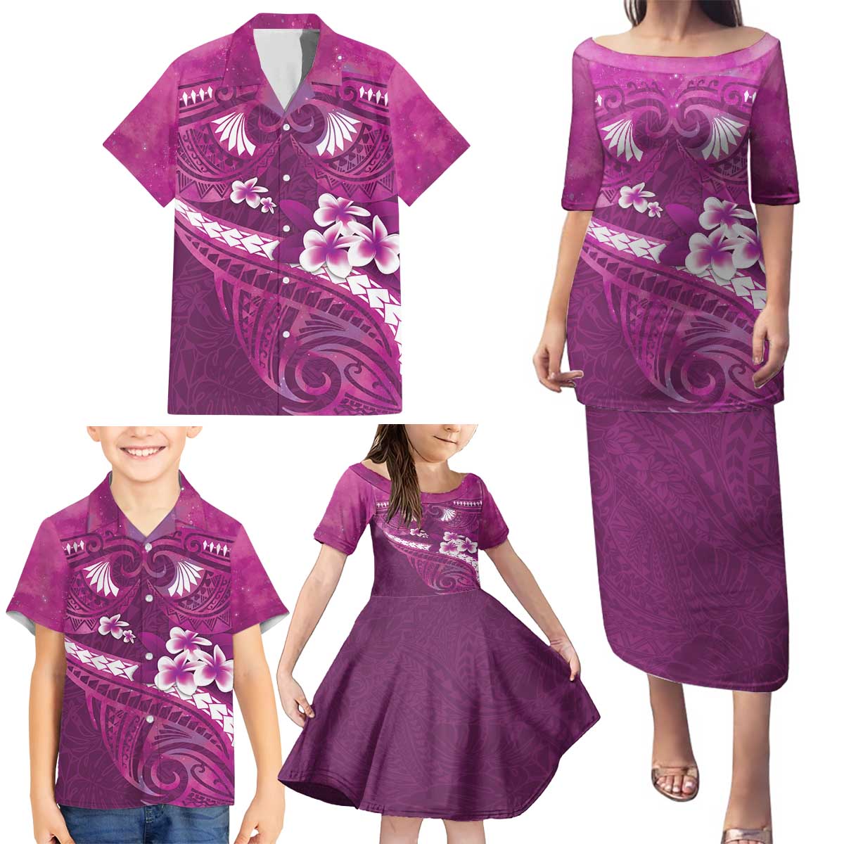 Pink Polynesia Family Matching Puletasi and Hawaiian Shirt Tribal Pattern Tropical Frangipani LT14 - Polynesian Pride