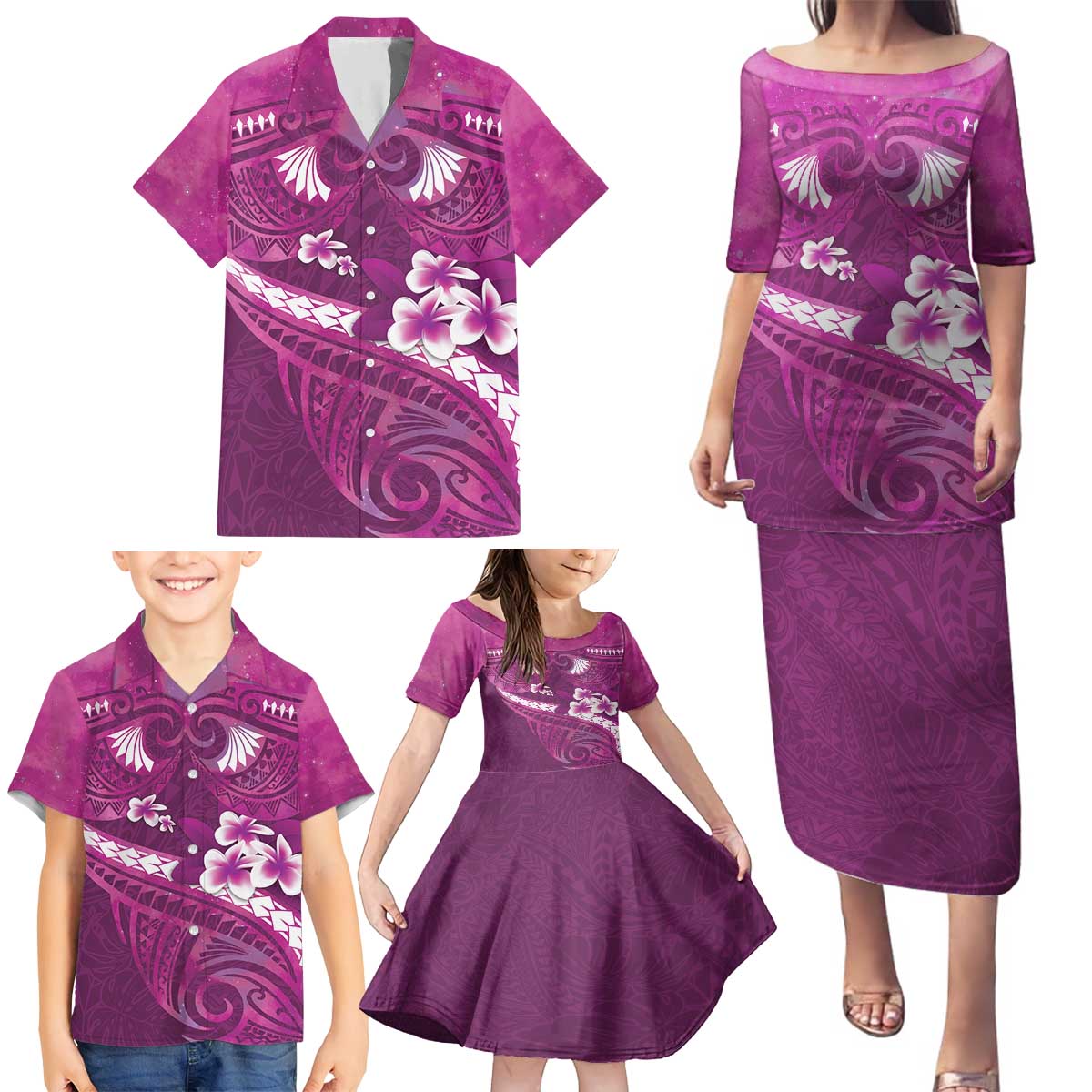 Pink Polynesia Family Matching Puletasi and Hawaiian Shirt Tribal Pattern Tropical Frangipani
