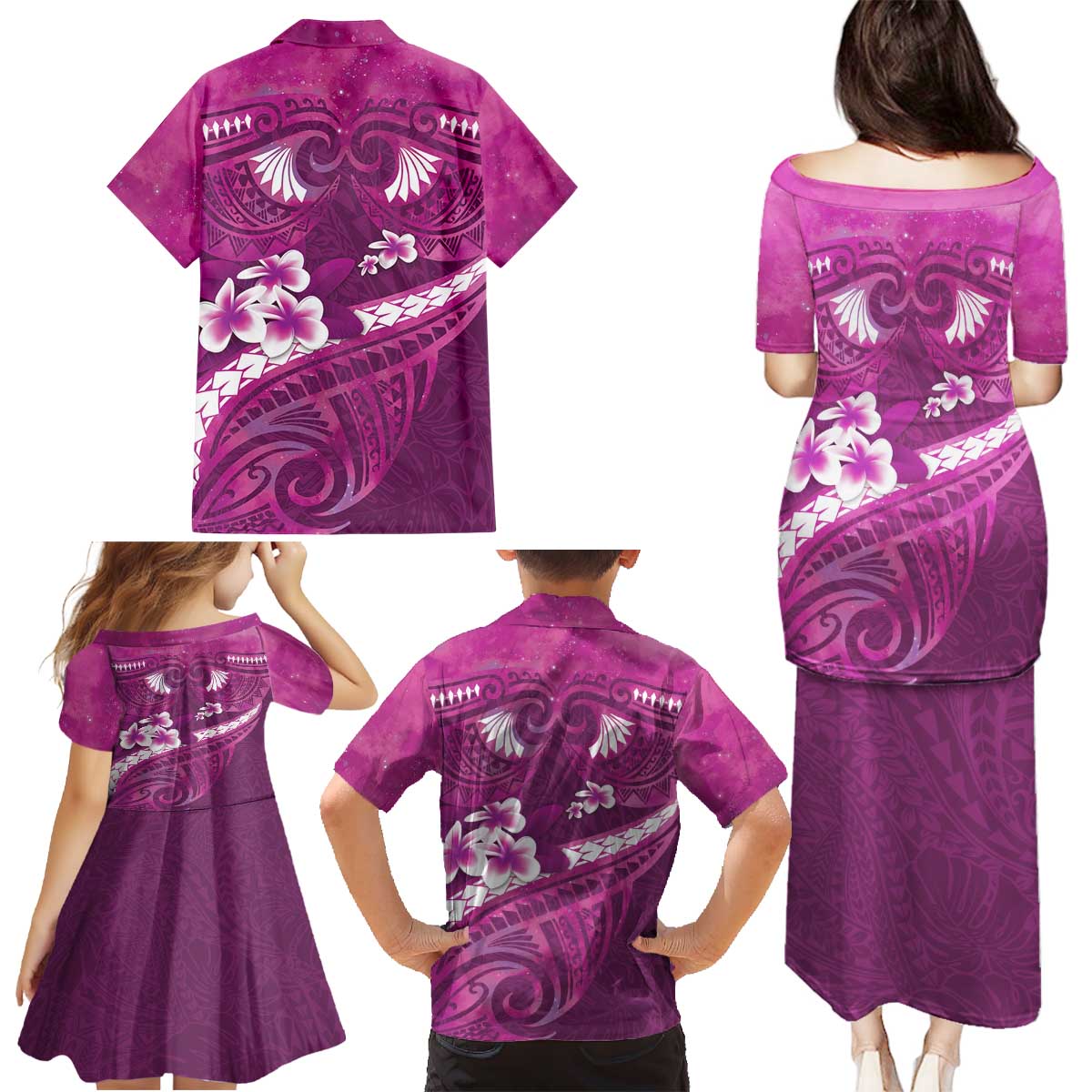Pink Polynesia Family Matching Puletasi and Hawaiian Shirt Tribal Pattern Tropical Frangipani LT14 - Polynesian Pride