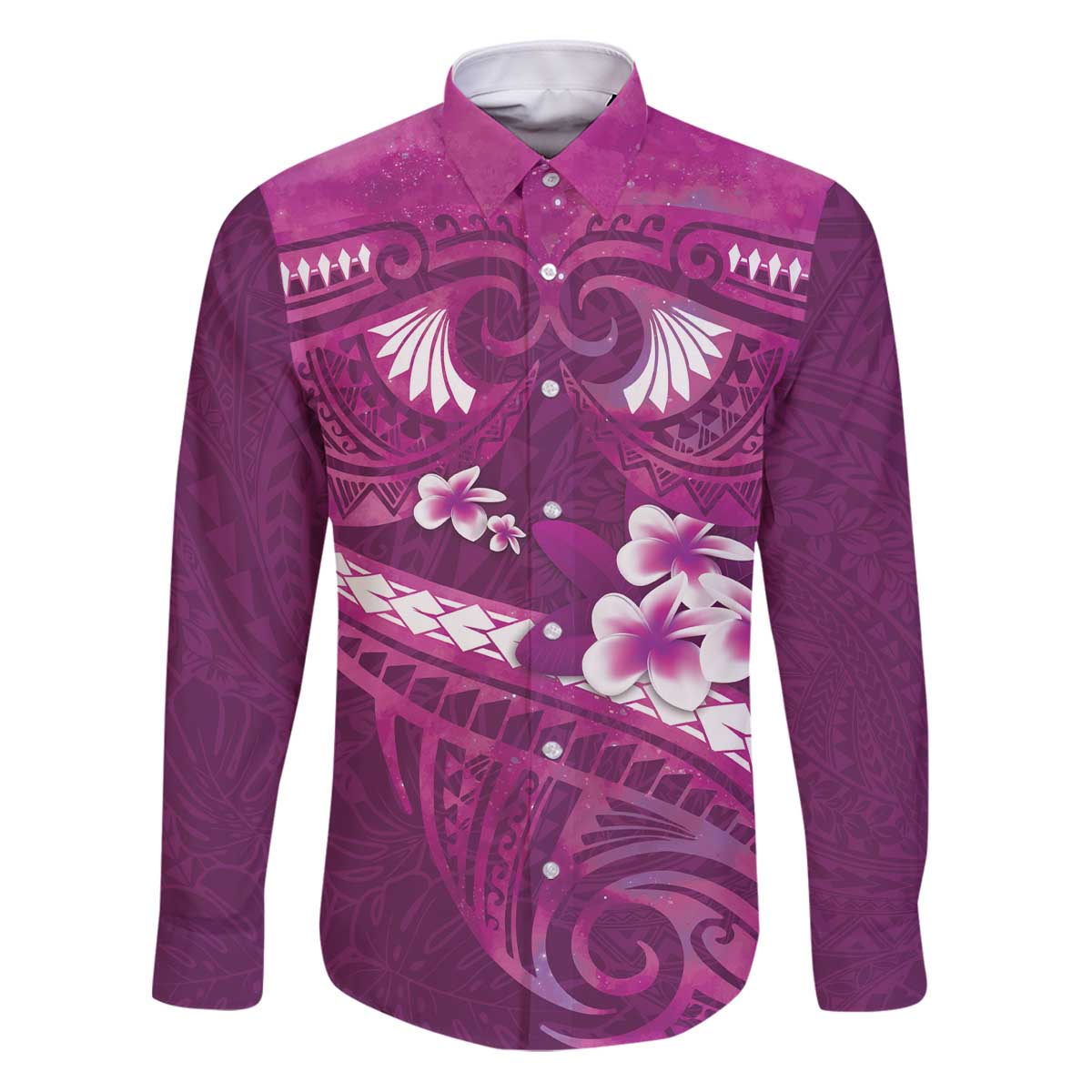 Pink Polynesia Family Matching Puletasi and Hawaiian Shirt Tribal Pattern Tropical Frangipani LT14 Dad's Shirt - Long Sleeve Pink - Polynesian Pride