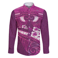 Pink Polynesia Family Matching Puletasi and Hawaiian Shirt Tribal Pattern Tropical Frangipani LT14 Dad's Shirt - Long Sleeve Pink - Polynesian Pride