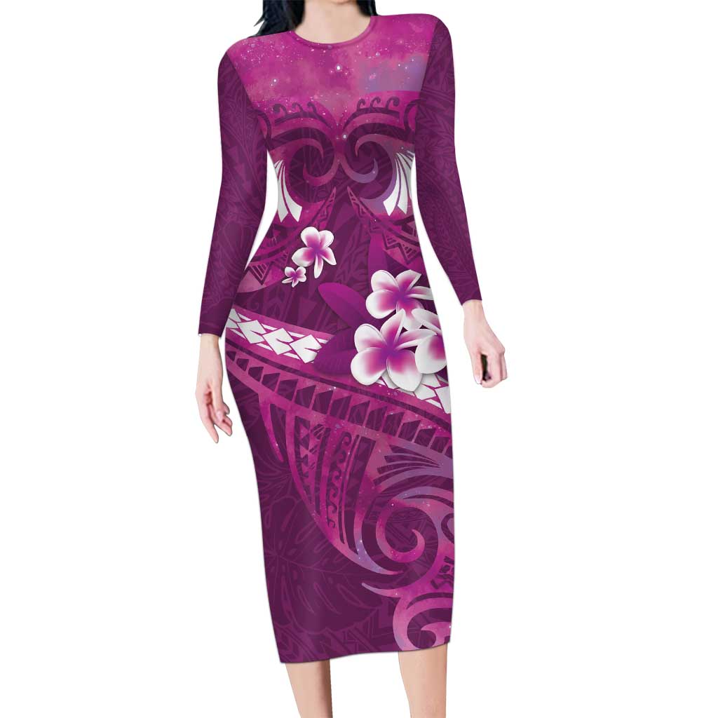 Pink Polynesia Long Sleeve Bodycon Dress Tribal Pattern Tropical Frangipani