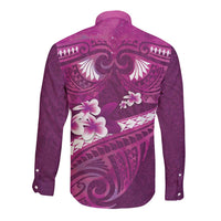 Pink Polynesia Long Sleeve Button Shirt Tribal Pattern Tropical Frangipani