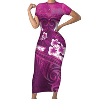 Pink Polynesia Short Sleeve Bodycon Dress Tribal Pattern Tropical Frangipani