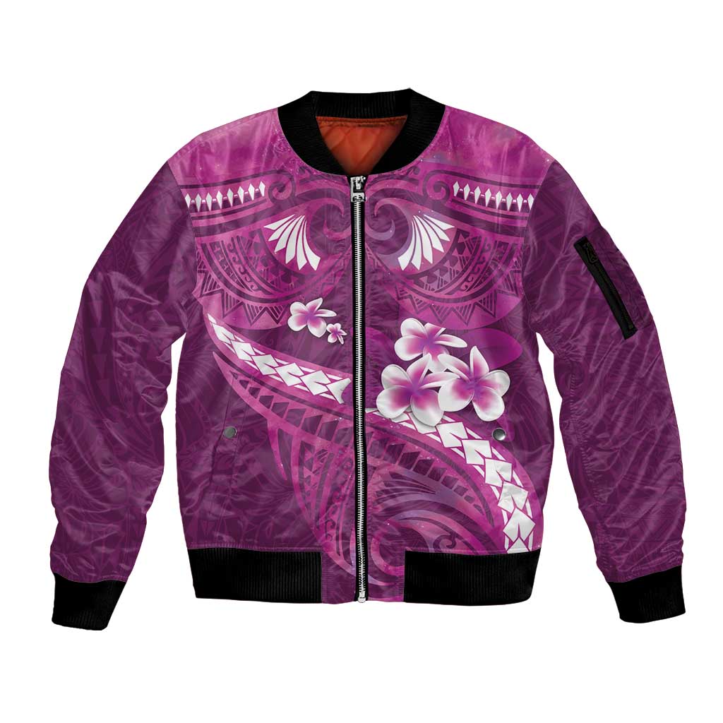 Pink Polynesia Sleeve Zip Bomber Jacket Tribal Pattern Tropical Frangipani