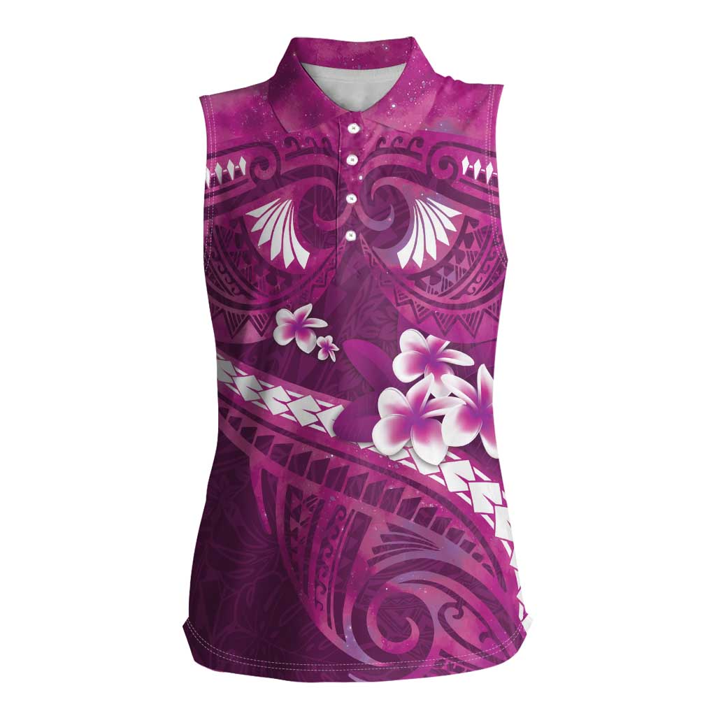Pink Polynesia Women Sleeveless Polo Shirt Tribal Pattern Tropical Frangipani