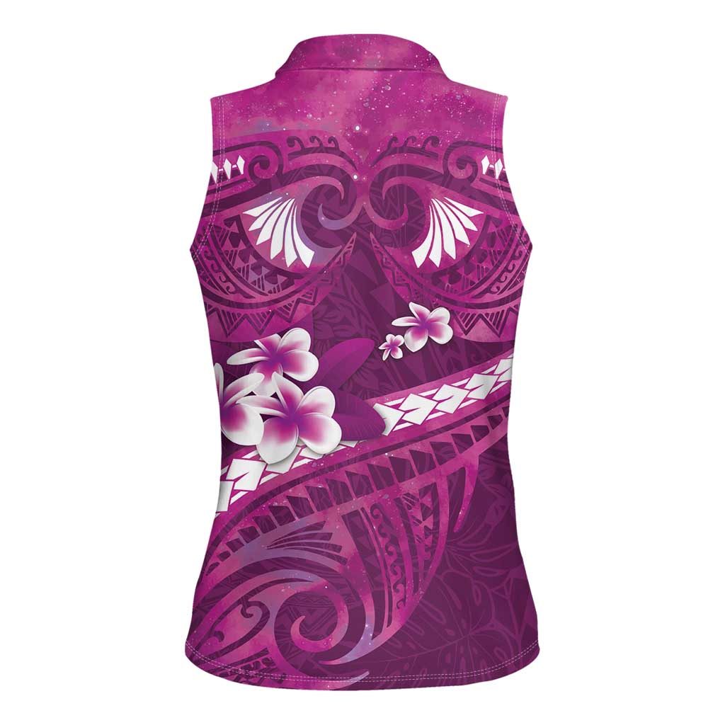 Pink Polynesia Women Sleeveless Polo Shirt Tribal Pattern Tropical Frangipani