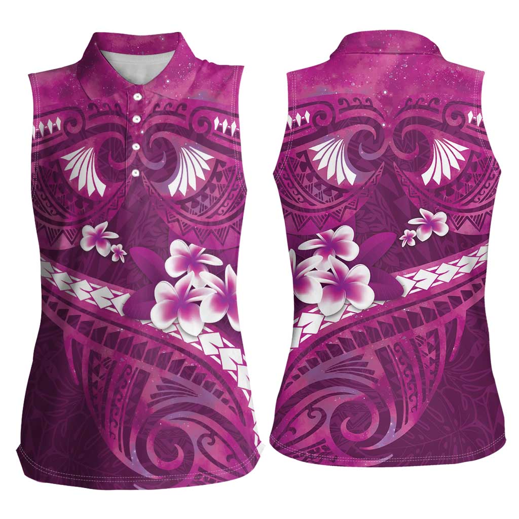 Pink Polynesia Women Sleeveless Polo Shirt Tribal Pattern Tropical Frangipani