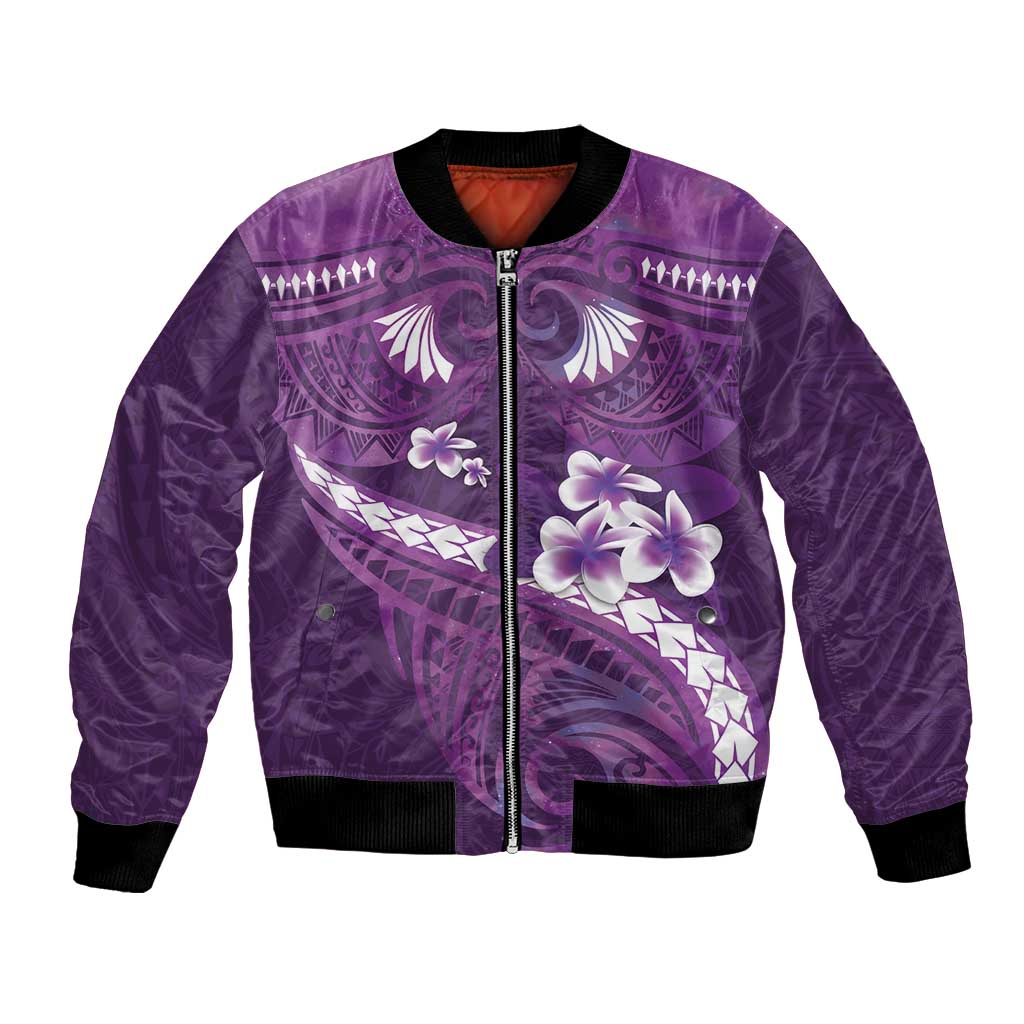 Purple Polynesia Bomber Jacket Tribal Pattern Tropical Frangipani