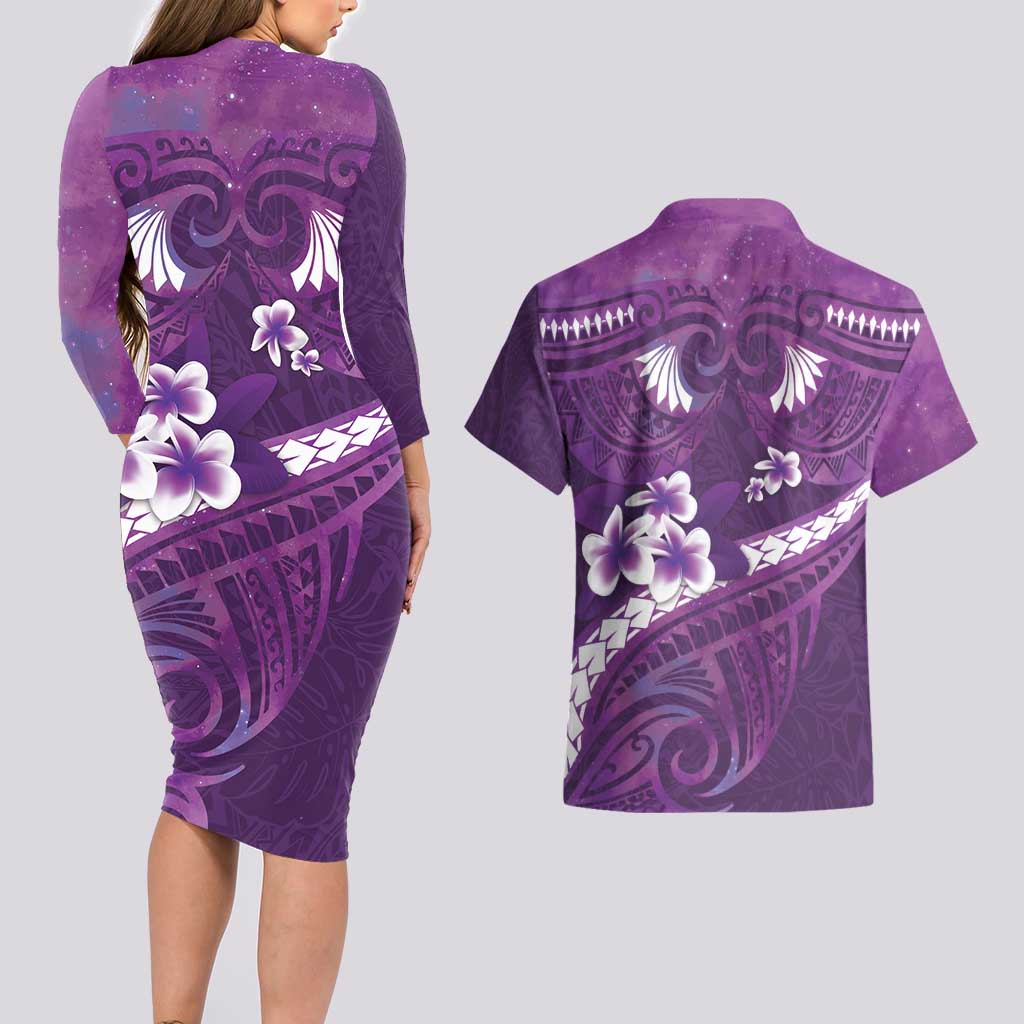 Purple Polynesia Couples Matching Long Sleeve Bodycon Dress and Hawaiian Shirt Tribal Pattern Tropical Frangipani LT14 - Polynesian Pride