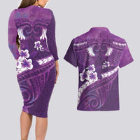 Purple Polynesia Couples Matching Long Sleeve Bodycon Dress and Hawaiian Shirt Tribal Pattern Tropical Frangipani LT14 - Polynesian Pride