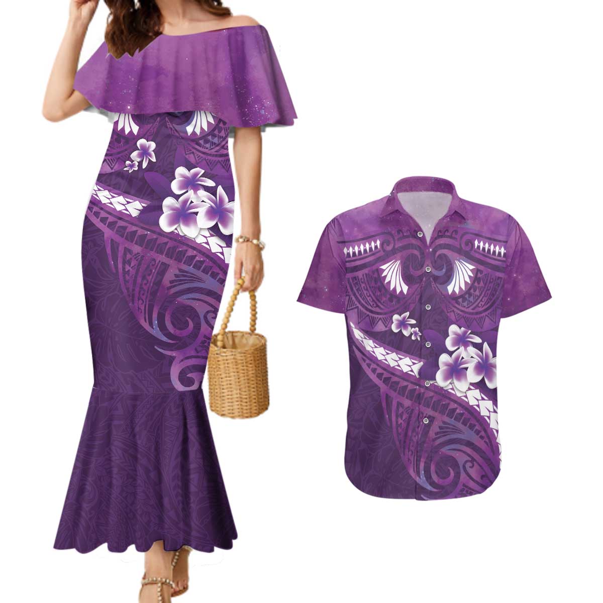 Purple Polynesia Couples Matching Mermaid Dress and Hawaiian Shirt Tribal Pattern Tropical Frangipani