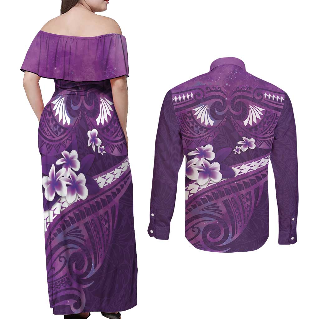 Purple Polynesia Couples Matching Off Shoulder Maxi Dress and Long Sleeve Button Shirt Tribal Pattern Tropical Frangipani LT14 - Polynesian Pride