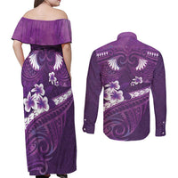 Purple Polynesia Couples Matching Off Shoulder Maxi Dress and Long Sleeve Button Shirt Tribal Pattern Tropical Frangipani LT14 - Polynesian Pride