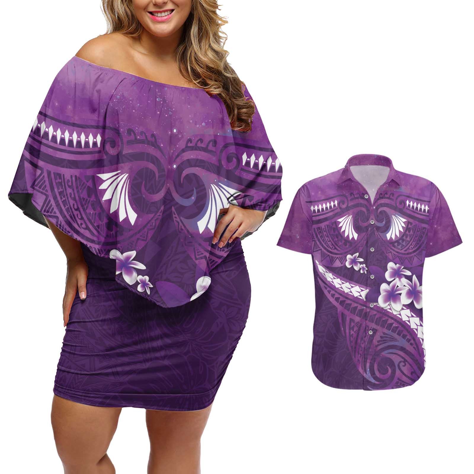 Purple Polynesia Couples Matching Off Shoulder Short Dress and Hawaiian Shirt Tribal Pattern Tropical Frangipani LT14 Purple - Polynesian Pride