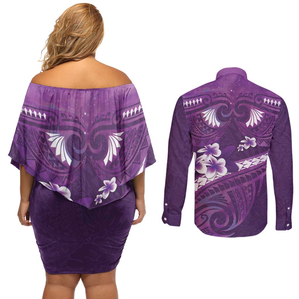 Purple Polynesia Couples Matching Off Shoulder Short Dress and Long Sleeve Button Shirt Tribal Pattern Tropical Frangipani LT14 - Polynesian Pride