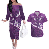 Purple Polynesia Couples Matching Off The Shoulder Long Sleeve Dress and Hawaiian Shirt Tribal Pattern Tropical Frangipani LT14 Purple - Polynesian Pride