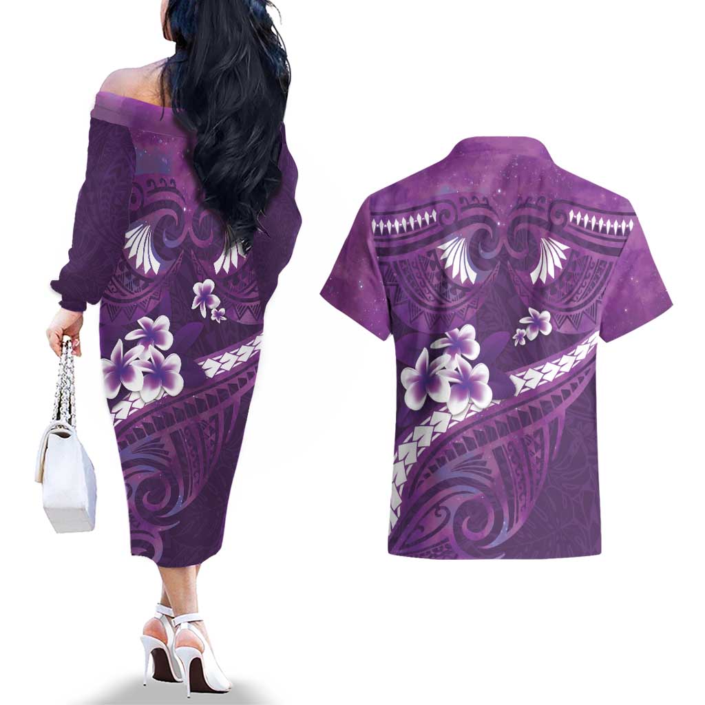Purple Polynesia Couples Matching Off The Shoulder Long Sleeve Dress and Hawaiian Shirt Tribal Pattern Tropical Frangipani LT14 - Polynesian Pride