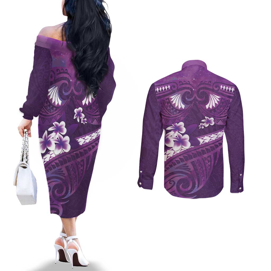 Purple Polynesia Couples Matching Off The Shoulder Long Sleeve Dress and Long Sleeve Button Shirt Tribal Pattern Tropical Frangipani LT14 - Polynesian Pride