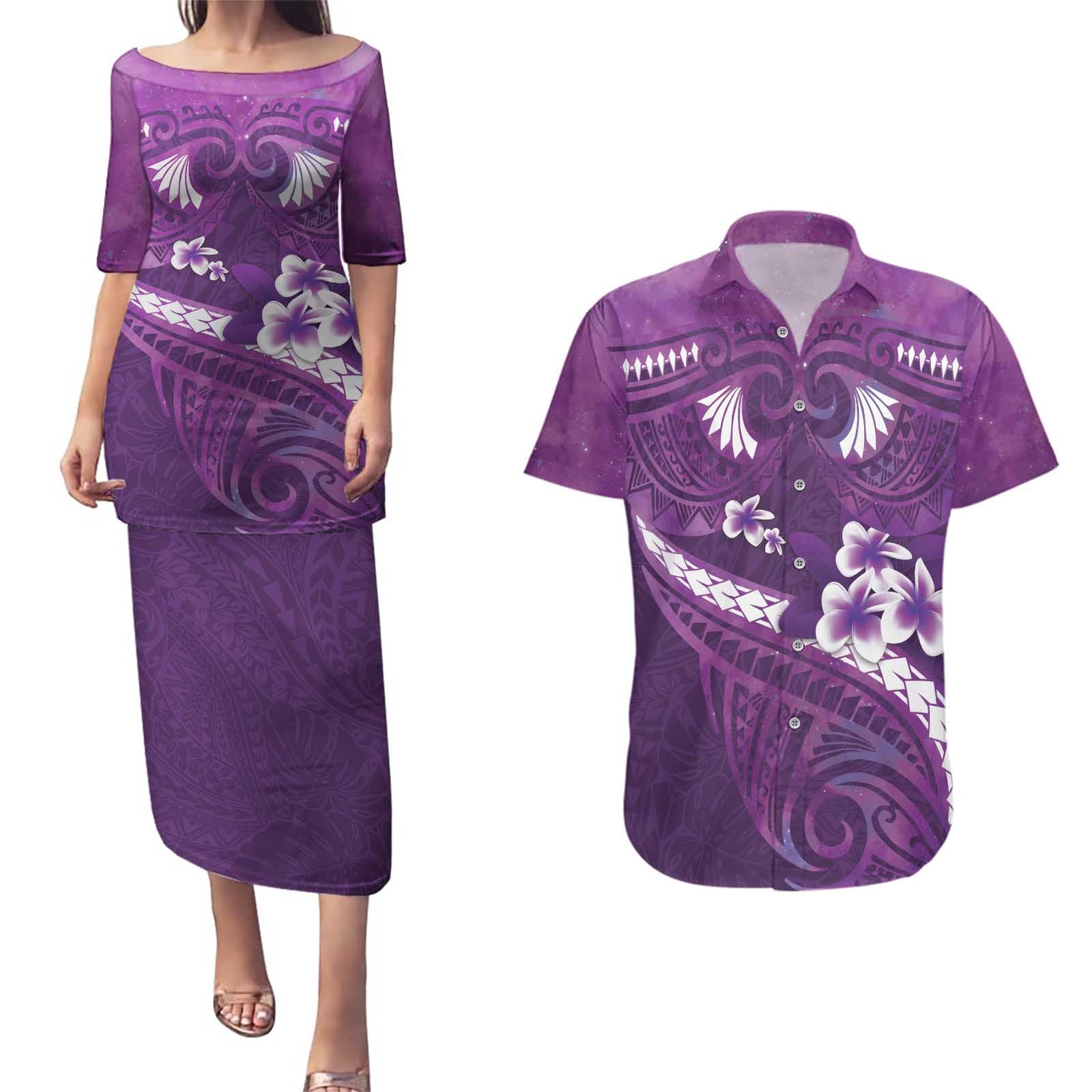 Purple Polynesia Couples Matching Puletasi and Hawaiian Shirt Tribal Pattern Tropical Frangipani LT14 Purple - Polynesian Pride