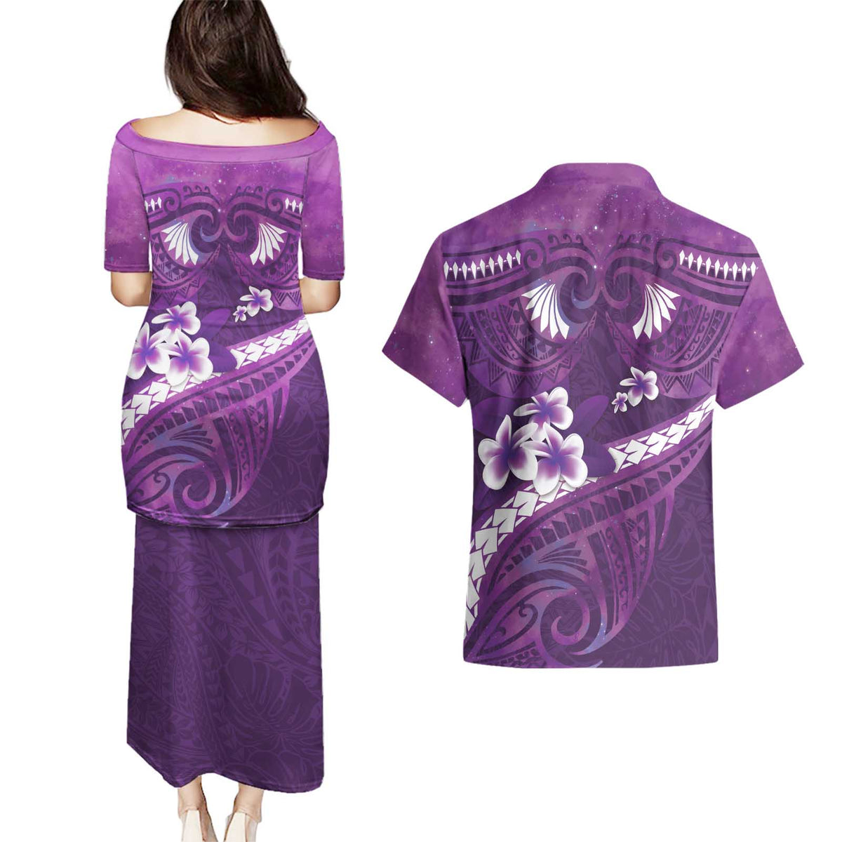Purple Polynesia Couples Matching Puletasi and Hawaiian Shirt Tribal Pattern Tropical Frangipani LT14 - Polynesian Pride