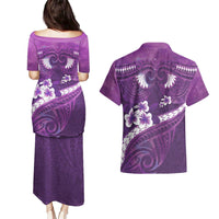 Purple Polynesia Couples Matching Puletasi and Hawaiian Shirt Tribal Pattern Tropical Frangipani LT14 - Polynesian Pride