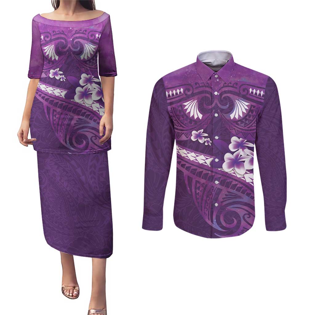 Purple Polynesia Couples Matching Puletasi and Long Sleeve Button Shirt Tribal Pattern Tropical Frangipani