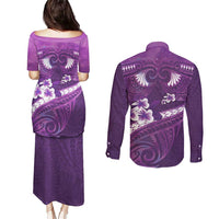 Purple Polynesia Couples Matching Puletasi and Long Sleeve Button Shirt Tribal Pattern Tropical Frangipani LT14 - Polynesian Pride