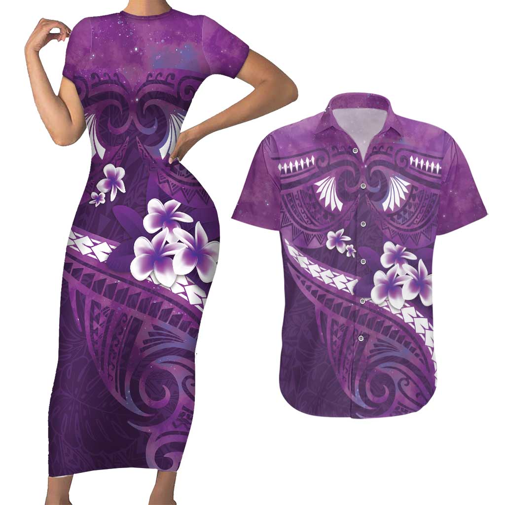 Purple Polynesia Couples Matching Short Sleeve Bodycon Dress and Hawaiian Shirt Tribal Pattern Tropical Frangipani LT14 Purple - Polynesian Pride