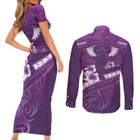 Purple Polynesia Couples Matching Short Sleeve Bodycon Dress and Long Sleeve Button Shirt Tribal Pattern Tropical Frangipani LT14 - Polynesian Pride