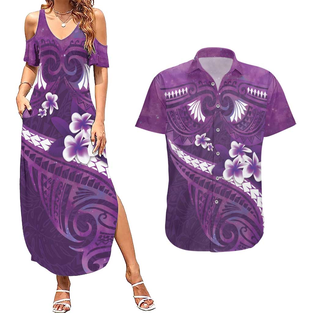 Purple Polynesia Couples Matching Summer Maxi Dress and Hawaiian Shirt Tribal Pattern Tropical Frangipani LT14 Purple - Polynesian Pride