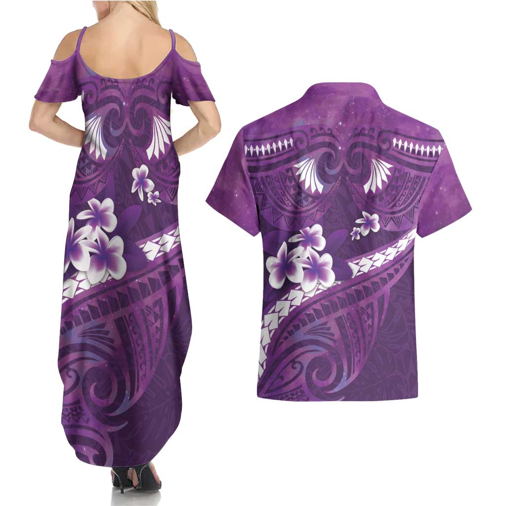 Purple Polynesia Couples Matching Summer Maxi Dress and Hawaiian Shirt Tribal Pattern Tropical Frangipani LT14 - Polynesian Pride
