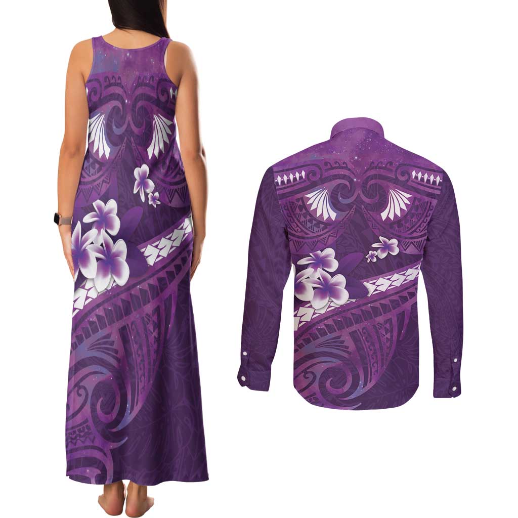 Purple Polynesia Couples Matching Tank Maxi Dress and Long Sleeve Button Shirt Tribal Pattern Tropical Frangipani LT14 - Polynesian Pride