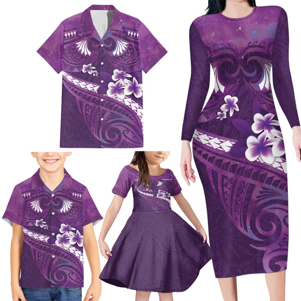 Purple Polynesia Family Matching Long Sleeve Bodycon Dress and Hawaiian Shirt Tribal Pattern Tropical Frangipani