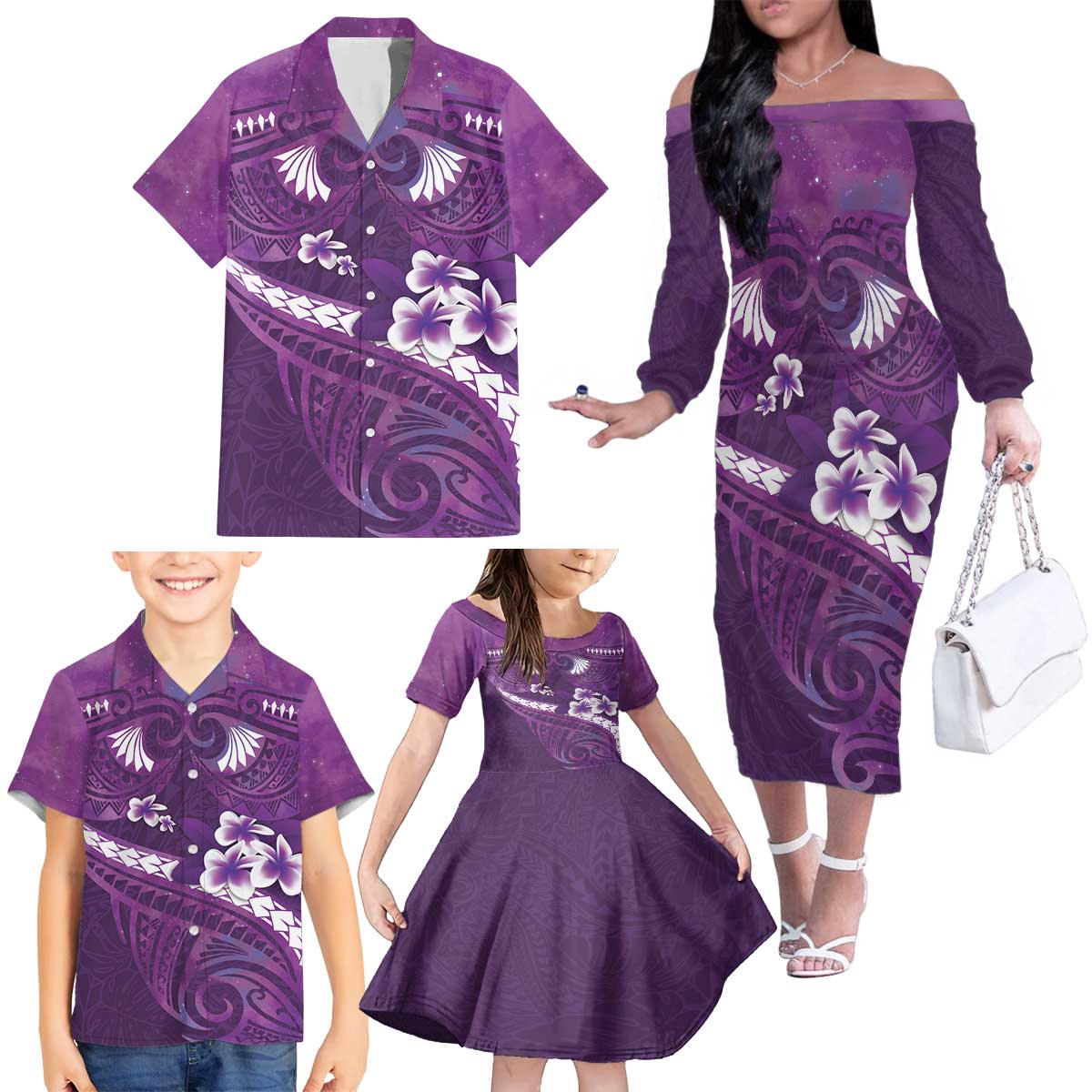 Purple Polynesia Family Matching Off The Shoulder Long Sleeve Dress and Hawaiian Shirt Tribal Pattern Tropical Frangipani LT14 - Polynesian Pride