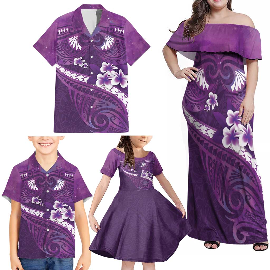 Purple Polynesia Family Matching Off Shoulder Maxi Dress and Hawaiian Shirt Tribal Pattern Tropical Frangipani