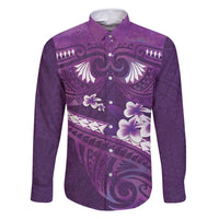 Purple Polynesia Family Matching Off Shoulder Maxi Dress and Hawaiian Shirt Tribal Pattern Tropical Frangipani LT14 Dad's Shirt - Long Sleeve Purple - Polynesian Pride