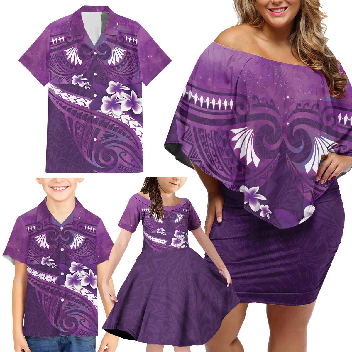 Purple Polynesia Family Matching Off Shoulder Short Dress and Hawaiian Shirt Tribal Pattern Tropical Frangipani