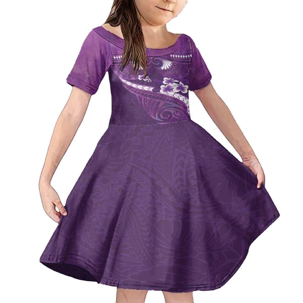 Purple Polynesia Family Matching Puletasi and Hawaiian Shirt Tribal Pattern Tropical Frangipani LT14 Daughter's Dress Purple - Polynesian Pride