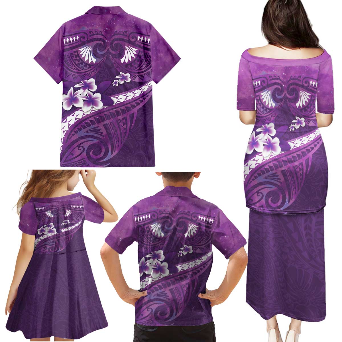 Purple Polynesia Family Matching Puletasi and Hawaiian Shirt Tribal Pattern Tropical Frangipani LT14 - Polynesian Pride