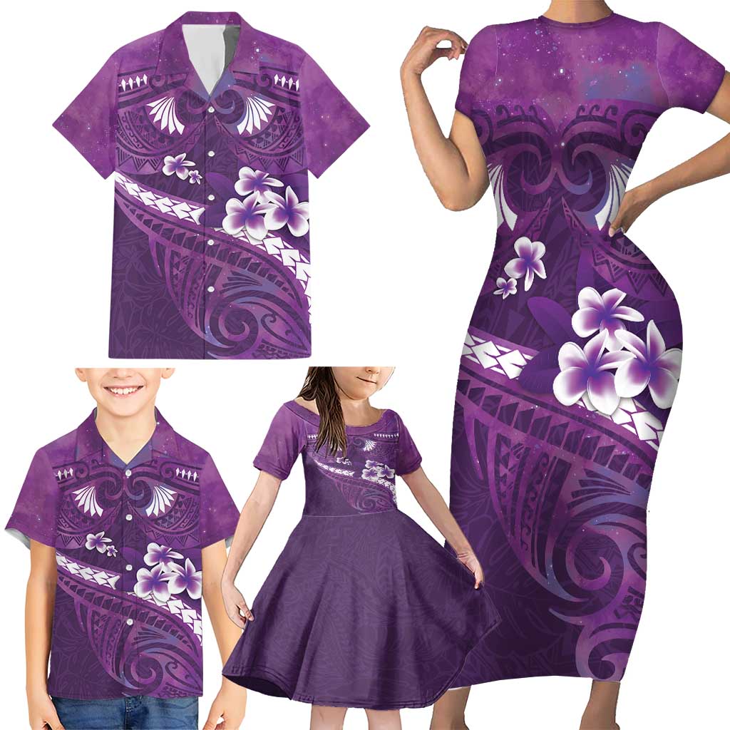 Purple Polynesia Family Matching Short Sleeve Bodycon Dress and Hawaiian Shirt Tribal Pattern Tropical Frangipani