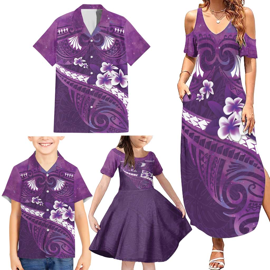 Purple Polynesia Family Matching Summer Maxi Dress and Hawaiian Shirt Tribal Pattern Tropical Frangipani LT14 - Polynesian Pride