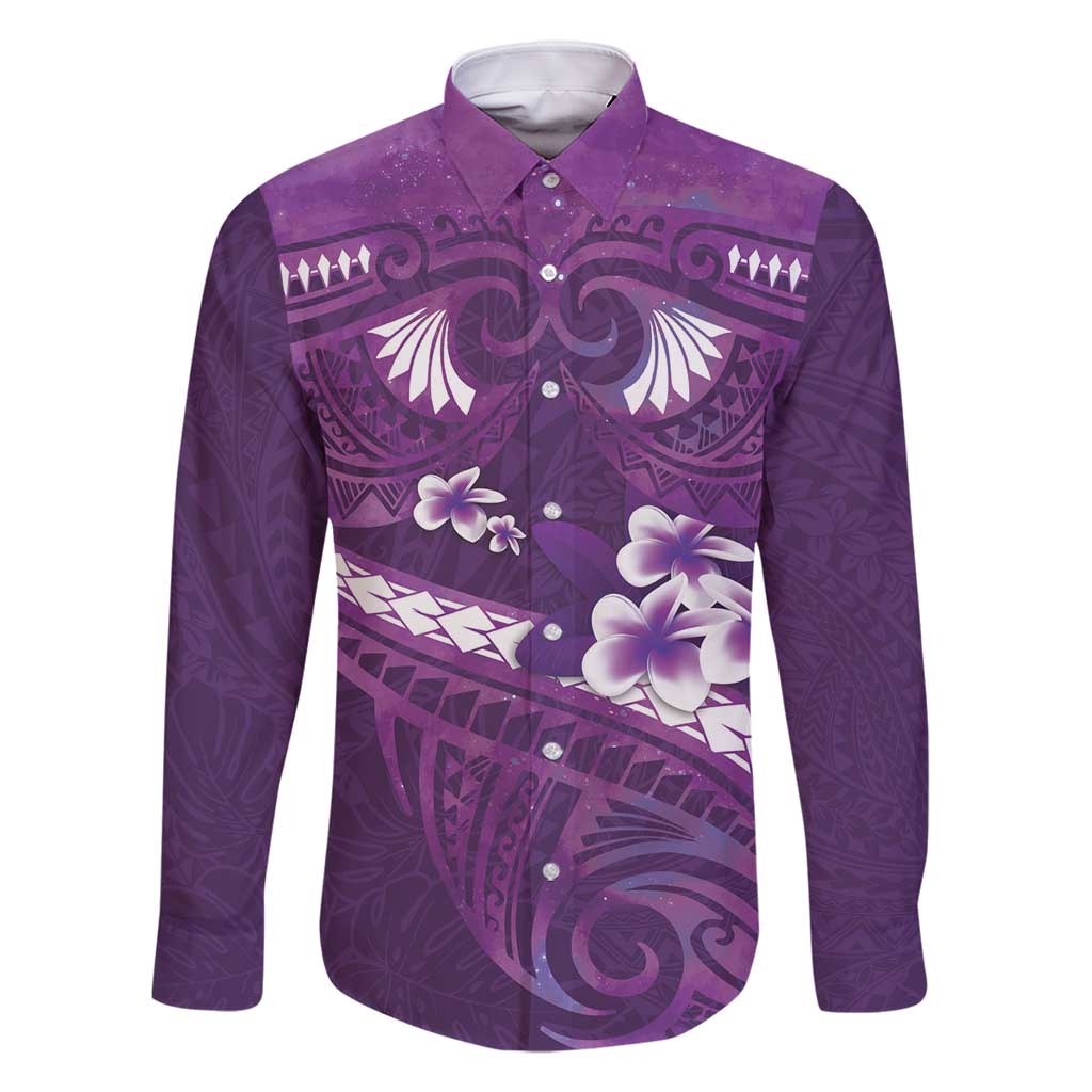 Purple Polynesia Family Matching Summer Maxi Dress and Hawaiian Shirt Tribal Pattern Tropical Frangipani LT14 Dad's Shirt - Long Sleeve Purple - Polynesian Pride