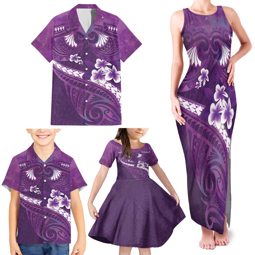 Purple Polynesia Family Matching Tank Maxi Dress and Hawaiian Shirt Tribal Pattern Tropical Frangipani