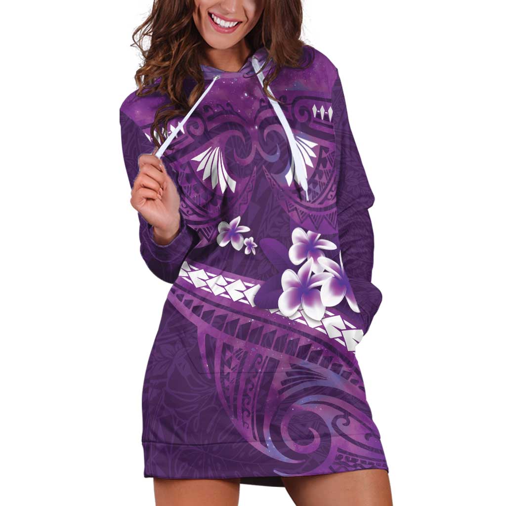 Purple Polynesia Hoodie Dress Tribal Pattern Tropical Frangipani