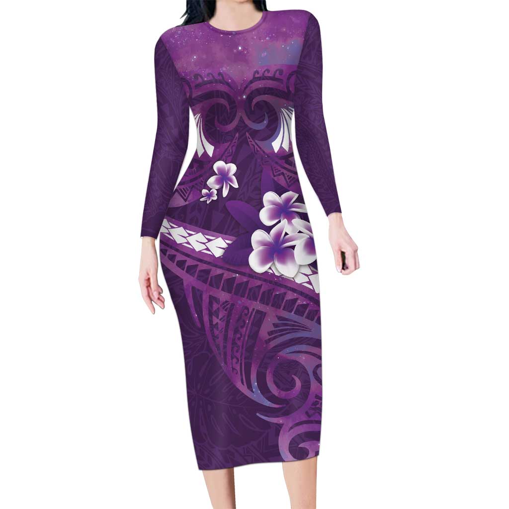 Purple Polynesia Long Sleeve Bodycon Dress Tribal Pattern Tropical Frangipani