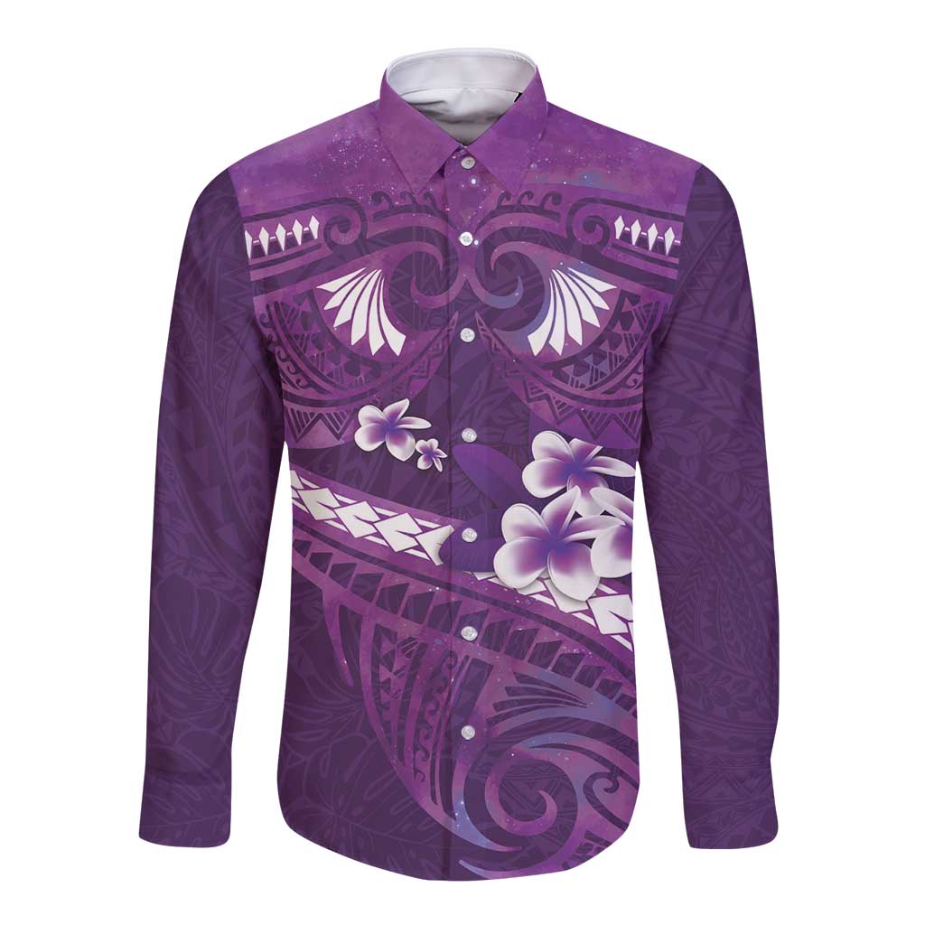Purple Polynesia Long Sleeve Button Shirt Tribal Pattern Tropical Frangipani
