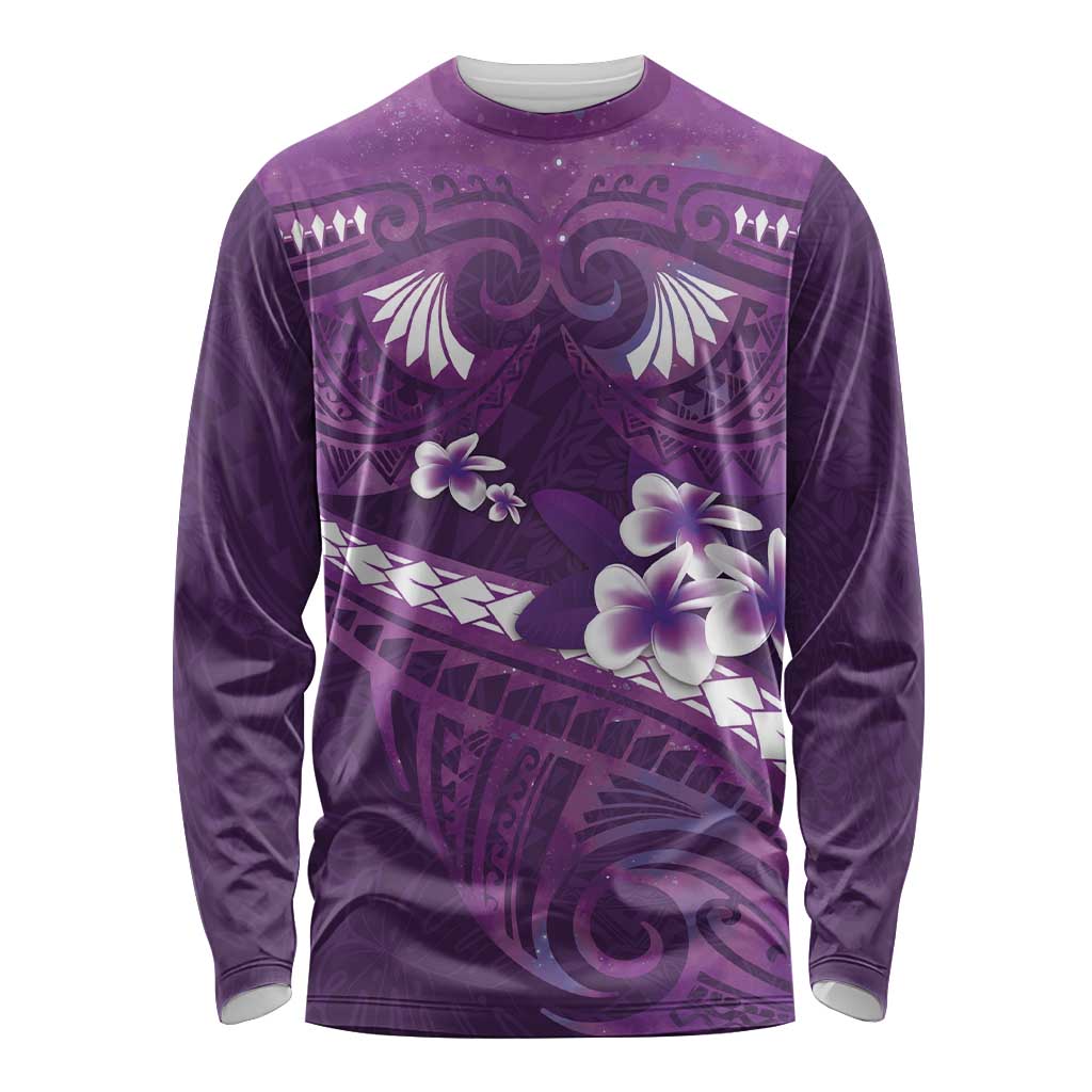 Purple Polynesia Long Sleeve Shirt Tribal Pattern Tropical Frangipani