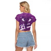 Purple Polynesia Raglan Cropped T Shirt Tribal Pattern Tropical Frangipani