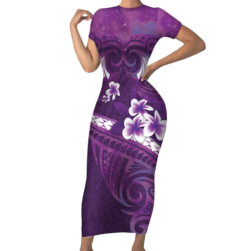 Purple Polynesia Short Sleeve Bodycon Dress Tribal Pattern Tropical Frangipani